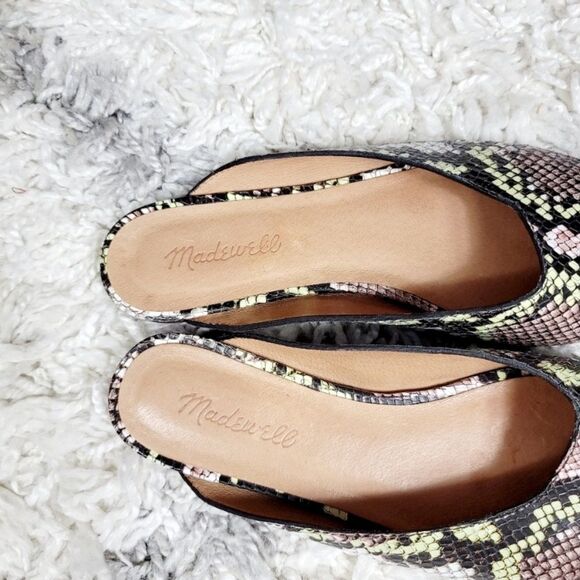 Madewell Sz 8 Erica Peep Toe Mules Snake Embossed Leather Brown Green - Picture 3 of 5